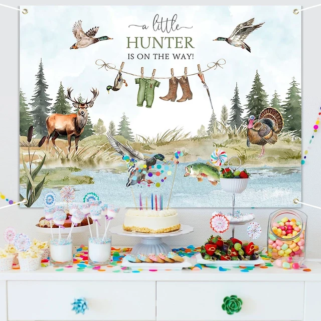 Alt view image 4 of 7 - Duck Hunting Baby Shower Banner Mallard Duck Hunter Clothes Baby Shower Photography Backdrop A Little Hunter is On The Way Party Decorations Photo Booth Props (7x5ft)