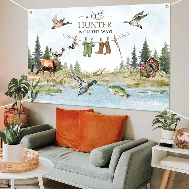 Alt view image 5 of 7 - Duck Hunting Baby Shower Banner Mallard Duck Hunter Clothes Baby Shower Photography Backdrop A Little Hunter is On The Way Party Decorations Photo Booth Props (7x5ft)