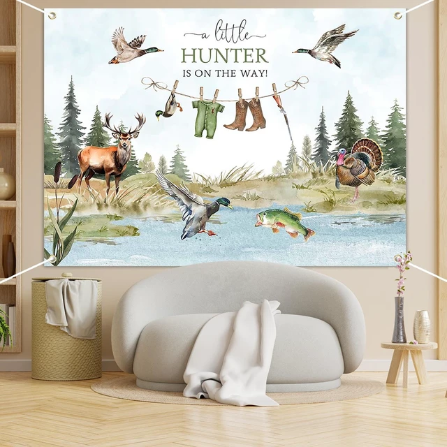 Alt view image 6 of 7 - Duck Hunting Baby Shower Banner Mallard Duck Hunter Clothes Baby Shower Photography Backdrop A Little Hunter is On The Way Party Decorations Photo Booth Props (7x5ft)