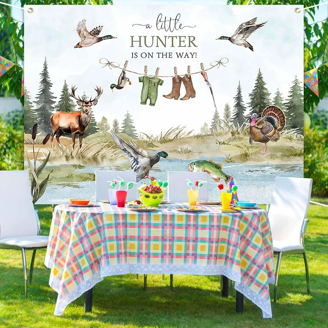 Alt view image 7 of 7 - Duck Hunting Baby Shower Banner Mallard Duck Hunter Clothes Baby Shower Photography Backdrop A Little Hunter is On The Way Party Decorations Photo Booth Props (7x5ft)