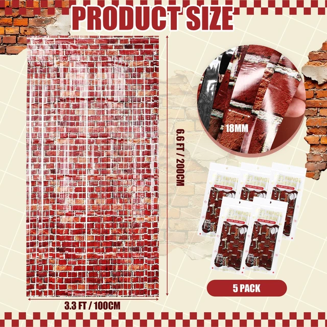 Alt view image 2 of 7 - 5 Pack 79" x 40"Red Brick Wall Backdrop Tinsel Foil Fringe Curtains Halloween Brick Wall Backdrop Curtain,Photo Booth Backdrop,Magical Themed Door Hanging,Halloween,Christmas, Party Decor