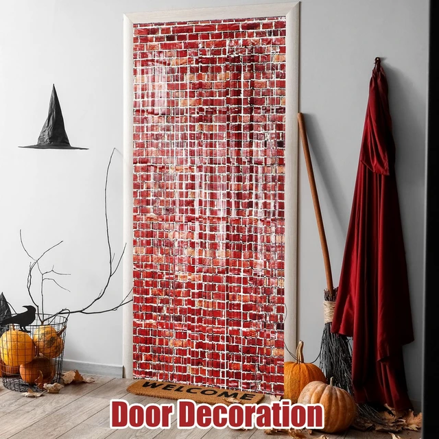 Alt view image 7 of 7 - 5 Pack 79" x 40"Red Brick Wall Backdrop Tinsel Foil Fringe Curtains Halloween Brick Wall Backdrop Curtain,Photo Booth Backdrop,Magical Themed Door Hanging,Halloween,Christmas, Party Decor