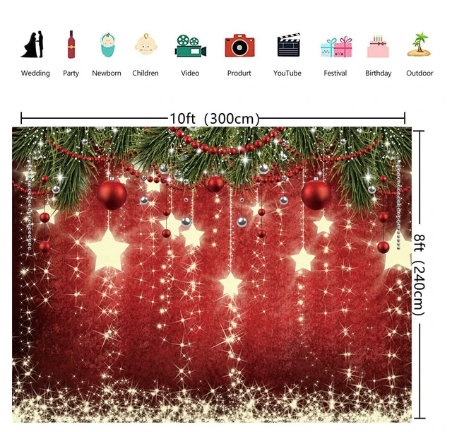 Alt view image 3 of 3 - Red Christmas Photography Backdrop 10x8FT Christmas Star Bauble Pine Decor, Xmas/Holiday Gathering/Family Party Backdrop, Lightweight Vinyl, Easy Hang & Wipe Clean
