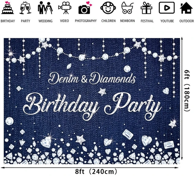 Alt view image 2 of 6 - Navy Blue Denim and Diamonds Birthday Party Backdrop 8x6ft Diamonds Happy Birthday Denim Photography Background Banner Party Decorations