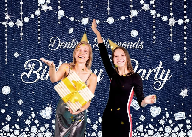 Alt view image 3 of 6 - Navy Blue Denim and Diamonds Birthday Party Backdrop 8x6ft Diamonds Happy Birthday Denim Photography Background Banner Party Decorations
