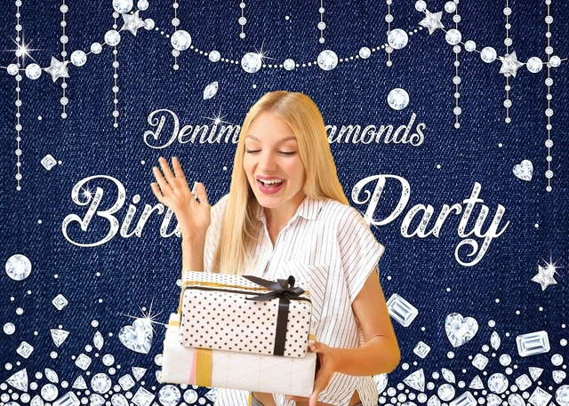 Alt view image 4 of 6 - Navy Blue Denim and Diamonds Birthday Party Backdrop 8x6ft Diamonds Happy Birthday Denim Photography Background Banner Party Decorations