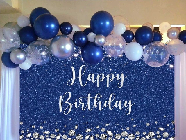 Alt view image 3 of 5 - Royal Blue and Silver Glitter Spots Happy Birthday Backdrop 7x5FT Glitter Diamond Birthday Decor, Birthday Party Backdrop, Polyester, 4 Copper Grommets, HD Print, Reusable