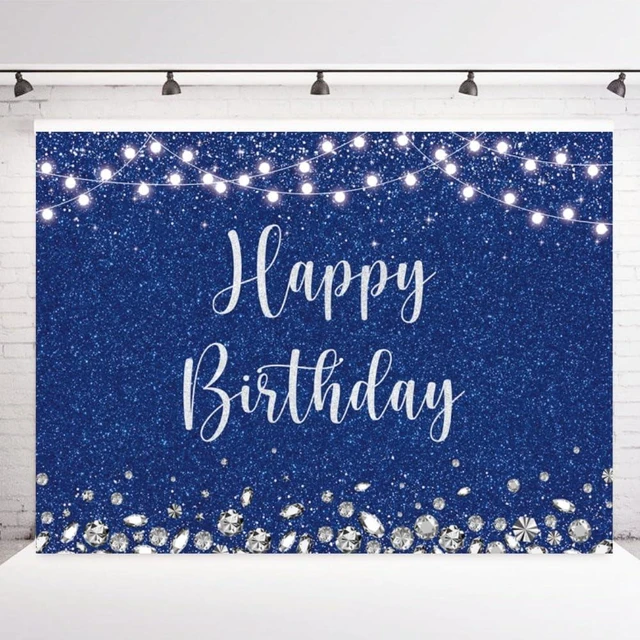 Main image of Royal Blue and Silver Glitter Spots Happy Birthday Backdrop 7x5FT Glitter Diamond Birthday Decor, Birthday Party Backdrop, Polyester, 4 Copper Grommets, HD Print, Reusable