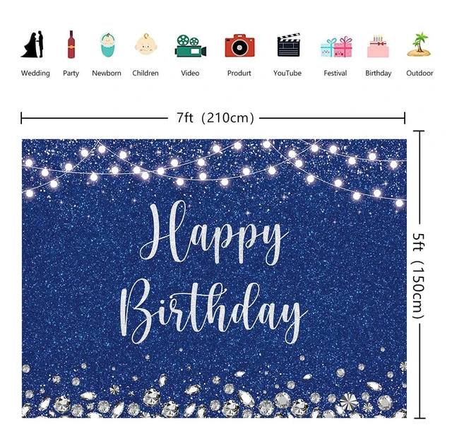 Alt view image 4 of 5 - Royal Blue and Silver Glitter Spots Happy Birthday Backdrop 7x5FT Glitter Diamond Birthday Decor, Birthday Party Backdrop, Polyester, 4 Copper Grommets, HD Print, Reusable