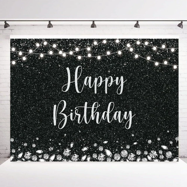 Main image of Black and Silver Glitter Spots Happy Birthday Backdrop 7x5FT Glitter Diamond Birthday Decor, Birthday Party Backdrop, Lightweight Vinyl Material, Easy to Suspend & Wipe Clean