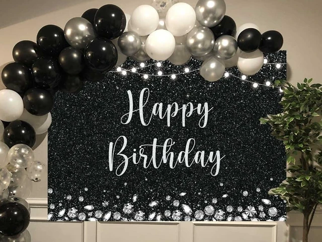 Alt view image 2 of 5 - Black and Silver Glitter Spots Happy Birthday Backdrop 7x5FT Glitter Diamond Birthday Decor, Birthday Party Backdrop, Lightweight Vinyl Material, Easy to Suspend & Wipe Clean
