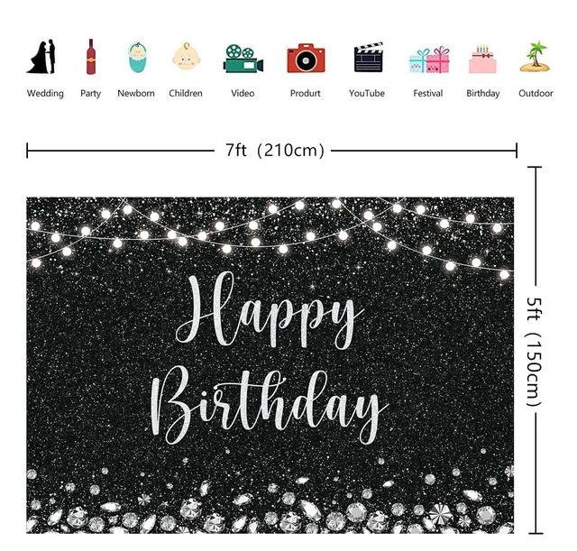 Alt view image 4 of 5 - Black and Silver Glitter Spots Happy Birthday Backdrop 7x5FT Glitter Diamond Birthday Decor, Birthday Party Backdrop, Lightweight Vinyl Material, Easy to Suspend & Wipe Clean