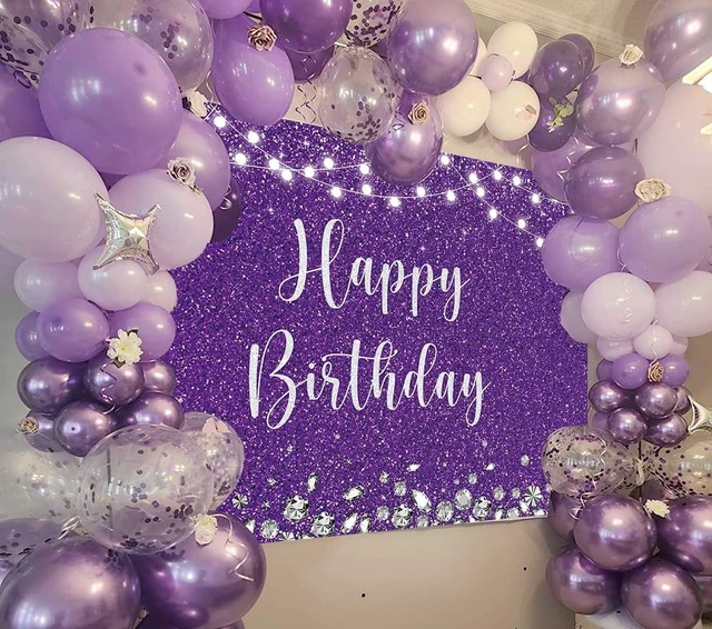 Alt view image 2 of 5 - Purple and Silver Glitter Spots Happy Birthday Backdrop 7x5FT Glitter Diamond Birthday Decor, Birthday Party Backdrop, Polyester, 4 Copper Grommets, HD Print, Reusable