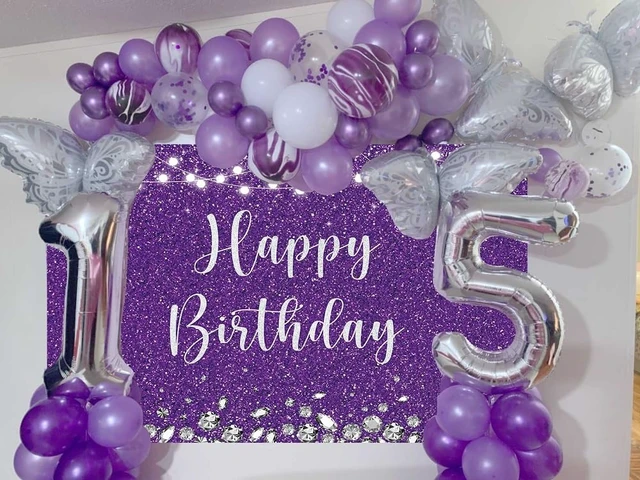Alt view image 3 of 5 - Purple and Silver Glitter Spots Happy Birthday Backdrop 7x5FT Glitter Diamond Birthday Decor, Birthday Party Backdrop, Polyester, 4 Copper Grommets, HD Print, Reusable