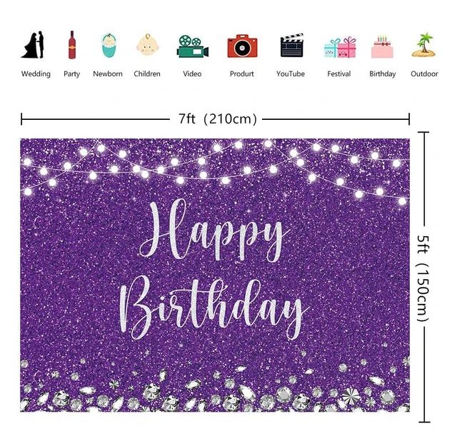 Alt view image 4 of 5 - Purple and Silver Glitter Spots Happy Birthday Backdrop 7x5FT Glitter Diamond Birthday Decor, Birthday Party Backdrop, Polyester, 4 Copper Grommets, HD Print, Reusable