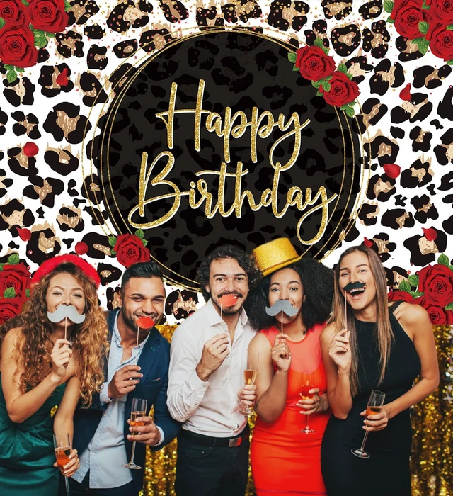 Alt view image 4 of 7 - Leopard Print Happy Birthday Backdrop 8x6FT Gold Glitter Cheetah Print Red Rose Flowers Photography Background,Women Baby Shower Birthday Party Decor Banner Photo Props