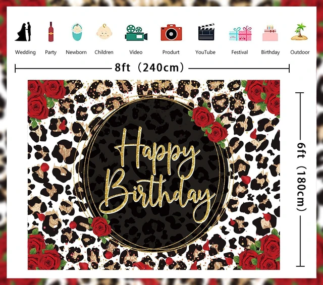 Alt view image 7 of 7 - Leopard Print Happy Birthday Backdrop 8x6FT Gold Glitter Cheetah Print Red Rose Flowers Photography Background,Women Baby Shower Birthday Party Decor Banner Photo Props