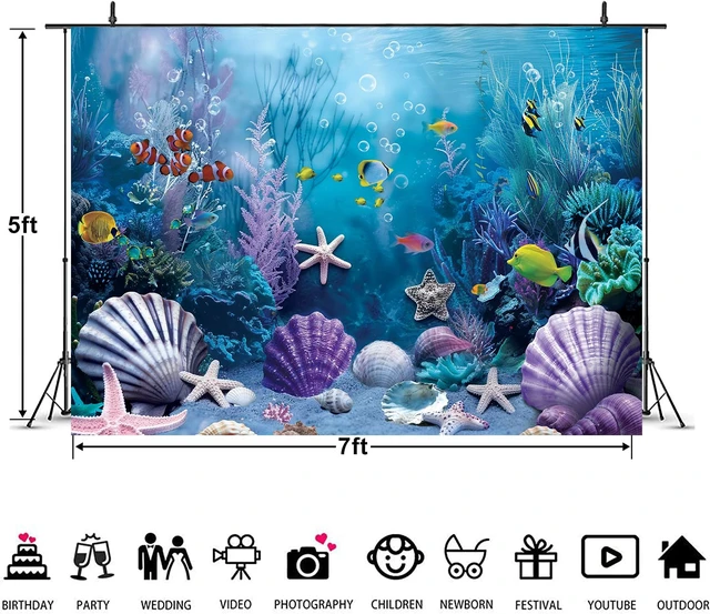Alt view image 2 of 7 - Under the Sea Backdrop Summer Tropical Fish Coral Ocean Underwater World Photography Background Ocean Aquarium Themed Baby Shower Birthday Party Banner Decorations Photo Booth Props 7x5FT