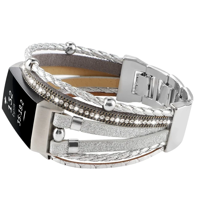 Alt view image 2 of 7 - Posh Leather Band Compatible with Fitbit Charge 4 Charge 3 Bands, Women Boho Bracelets Wristbands Jewelry Multilayer Wrap Strap Band Replacement for Charge 4/ Charge 3/ 3SE Accessories