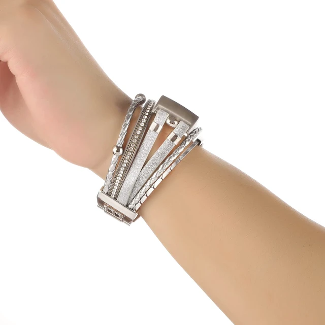 Alt view image 6 of 7 - Posh Leather Band Compatible with Fitbit Charge 4 Charge 3 Bands, Women Boho Bracelets Wristbands Jewelry Multilayer Wrap Strap Band Replacement for Charge 4/ Charge 3/ 3SE Accessories