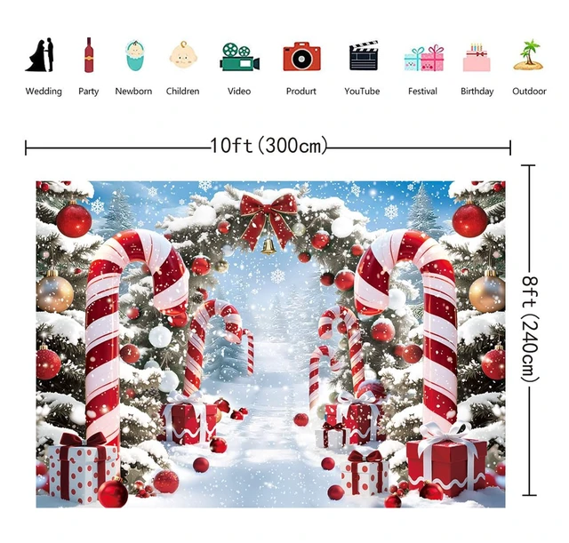 Alt view image 6 of 7 - Christmas Cane Candy Backdrop 10x8FT Winter Snow Scene Merry Christmas Photography Background Winter Holiday New Year Eve Party Decorations Photo Props