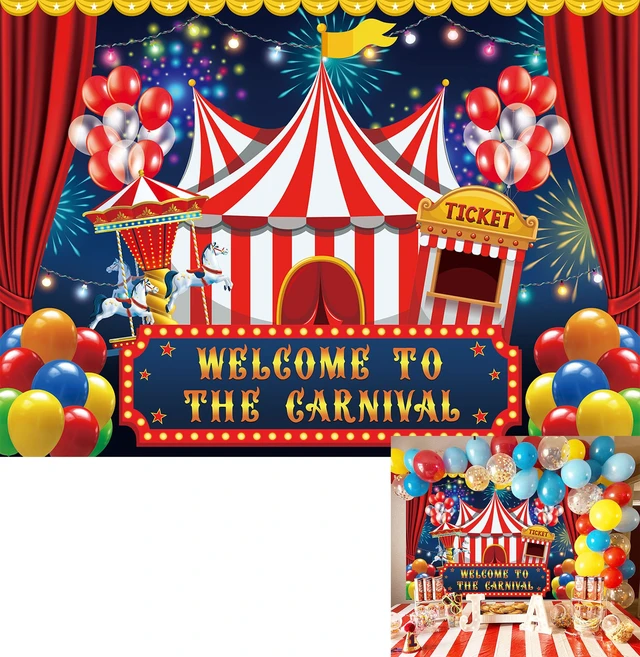 Main image of 8x6ft Carnival Circus Party Backdrop Decor Circus Tent Carousel Ticket Booth Background Child Kid Boy Baby 1st Birthday Carnival Banner Photo Props Supplies
