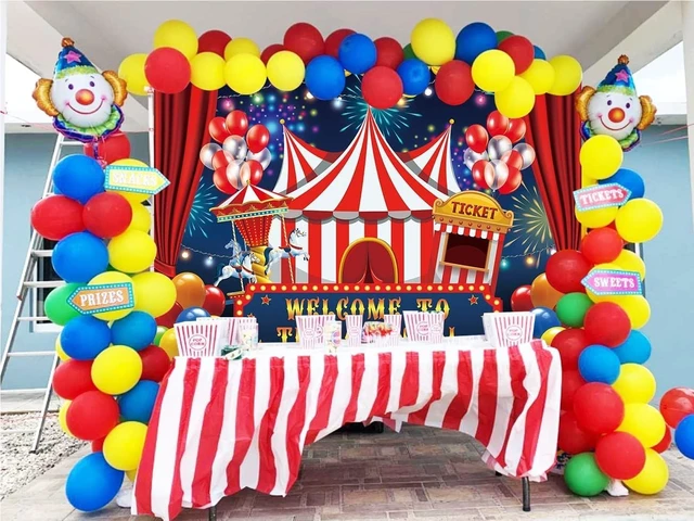 Alt view image 3 of 6 - 8x6ft Carnival Circus Party Backdrop Decor Circus Tent Carousel Ticket Booth Background Child Kid Boy Baby 1st Birthday Carnival Banner Photo Props Supplies