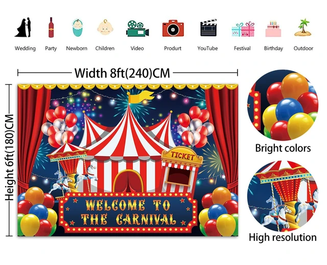 Alt view image 5 of 6 - 8x6ft Carnival Circus Party Backdrop Decor Circus Tent Carousel Ticket Booth Background Child Kid Boy Baby 1st Birthday Carnival Banner Photo Props Supplies