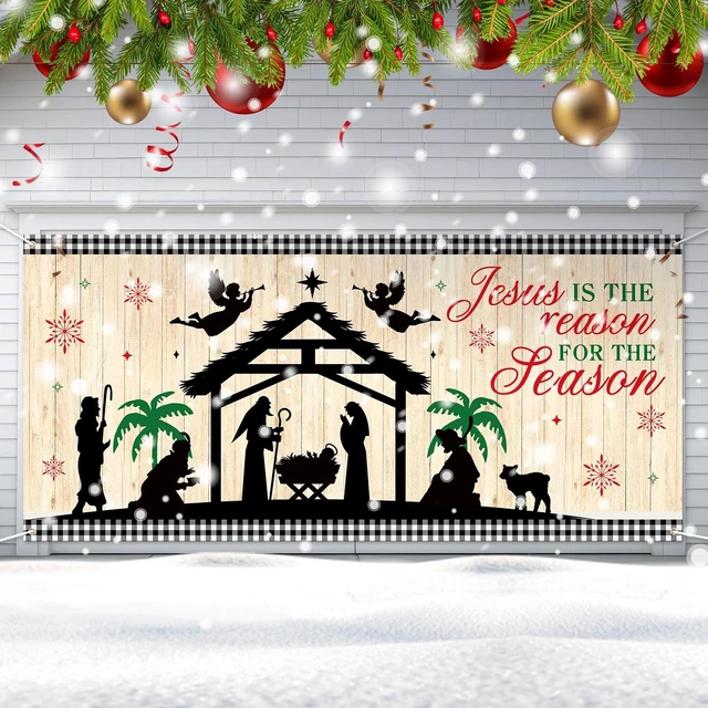 Main image of Christmas Garage Door Cover 13 x 6 ft, Jesus Nativity Banner Religious Jesus Manger Scene Design, Weatherproof Material Outdoor Indoor, Easy Installation, Festive Front Yard Display