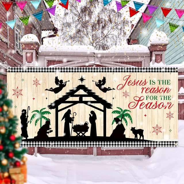 Alt view image 5 of 6 - Christmas Garage Door Cover 13 x 6 ft, Jesus Nativity Banner Religious Jesus Manger Scene Design, Weatherproof Material Outdoor Indoor, Easy Installation, Festive Front Yard Display