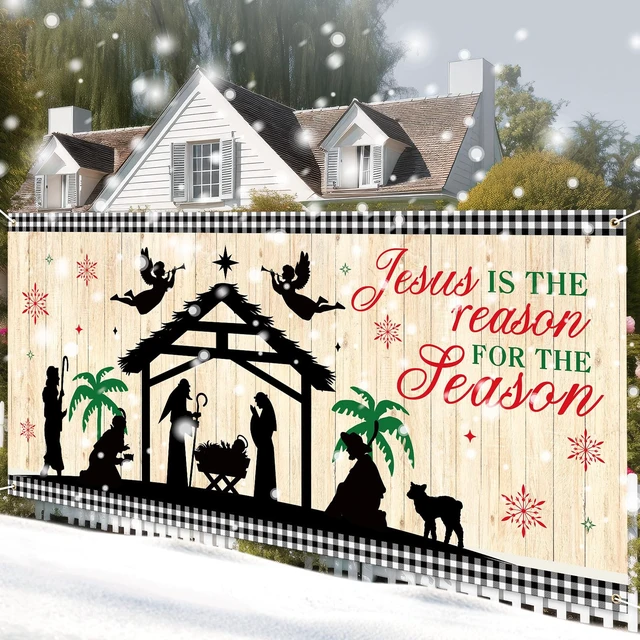 Alt view image 4 of 6 - Christmas Garage Door Cover 13 x 6 ft, Jesus Nativity Banner Religious Jesus Manger Scene Design, Weatherproof Material Outdoor Indoor, Easy Installation, Festive Front Yard Display