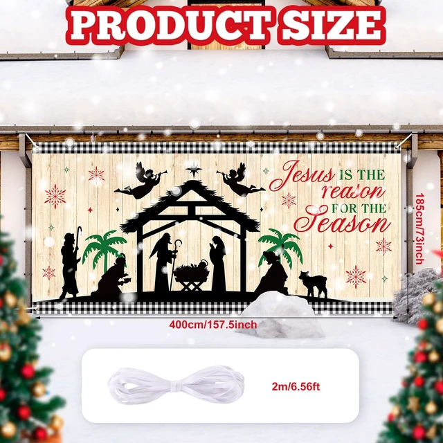Alt view image 2 of 6 - Christmas Garage Door Cover 13 x 6 ft, Jesus Nativity Banner Religious Jesus Manger Scene Design, Weatherproof Material Outdoor Indoor, Easy Installation, Festive Front Yard Display