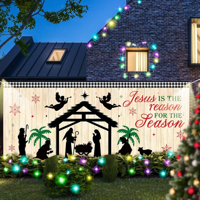 Alt view image 6 of 6 - Christmas Garage Door Cover 13 x 6 ft, Jesus Nativity Banner Religious Jesus Manger Scene Design, Weatherproof Material Outdoor Indoor, Easy Installation, Festive Front Yard Display