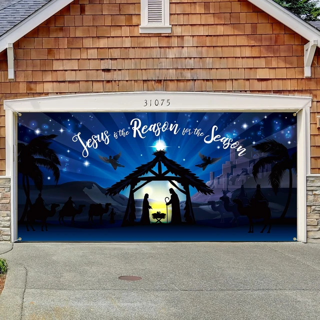 Alt view image 5 of 6 - Christmas Garage Door Decorations Nativity Stable Garage Door Cover 6 x 13 ft Manger for Nativity Scene Banner Religious Jesus Background for Indoor Outdoor Decoration