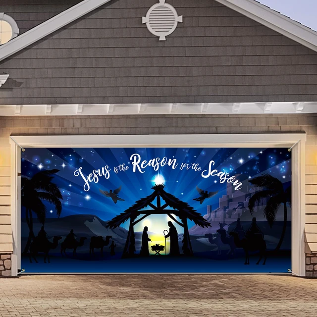 Alt view image 4 of 6 - Christmas Garage Door Decorations Nativity Stable Garage Door Cover 6 x 13 ft Manger for Nativity Scene Banner Religious Jesus Background for Indoor Outdoor Decoration