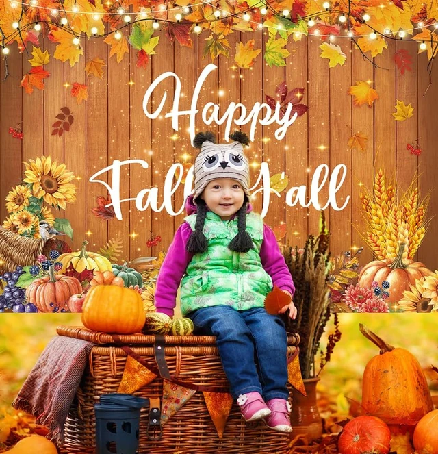 Alt view image 4 of 7 - Happy Fall Y'all Banner Backdrop 8x6FT Fall Thanksgiving Party Decorations Autumn Maple Leaves Pumpkin Wood Wall Background for Photography