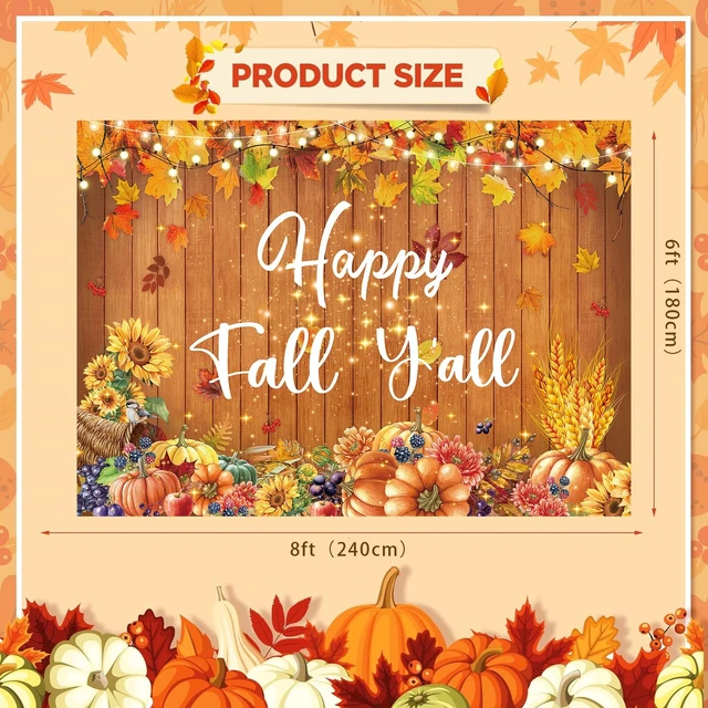Alt view image 6 of 7 - Happy Fall Y'all Banner Backdrop 8x6FT Fall Thanksgiving Party Decorations Autumn Maple Leaves Pumpkin Wood Wall Background for Photography