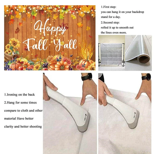 Alt view image 7 of 7 - Happy Fall Y'all Banner Backdrop 8x6FT Fall Thanksgiving Party Decorations Autumn Maple Leaves Pumpkin Wood Wall Background for Photography
