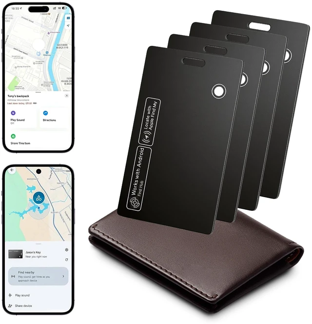 Main image of Smart Wallet Tracker Card (iOS & Android) - Item Finder for Luggage, Keys & Passport Compatible with Apple Find MySlim, Rechargeable & IP68 Waterproof (4 Black)