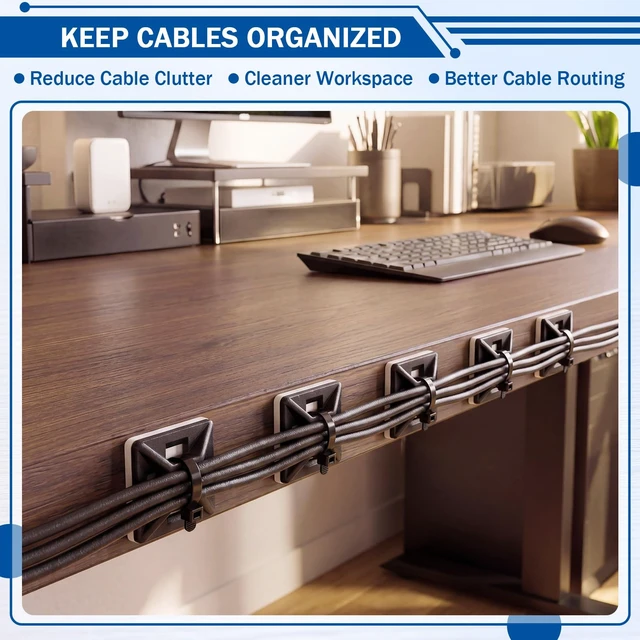 Alt view image 4 of 6 - 300 Pcs 1/2'' Self Adhesive Cable Zip Tie Mounts for Desk, Black Wire Cable Clips Holders, Management Anchors Organizer Squares, Strong Adhesive Fasteners, for Office & Home Cord Organizer