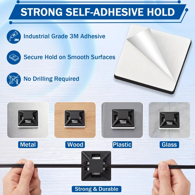 Alt view image 3 of 6 - 300 Pcs 1/2'' Self Adhesive Cable Zip Tie Mounts for Desk, Black Wire Cable Clips Holders, Management Anchors Organizer Squares, Strong Adhesive Fasteners, for Office & Home Cord Organizer