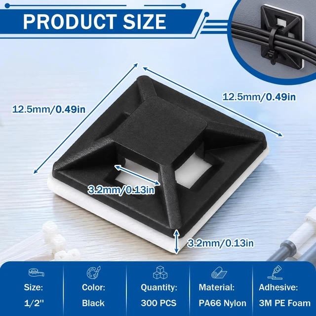 Alt view image 2 of 6 - 300 Pcs 1/2'' Self Adhesive Cable Zip Tie Mounts for Desk, Black Wire Cable Clips Holders, Management Anchors Organizer Squares, Strong Adhesive Fasteners, for Office & Home Cord Organizer