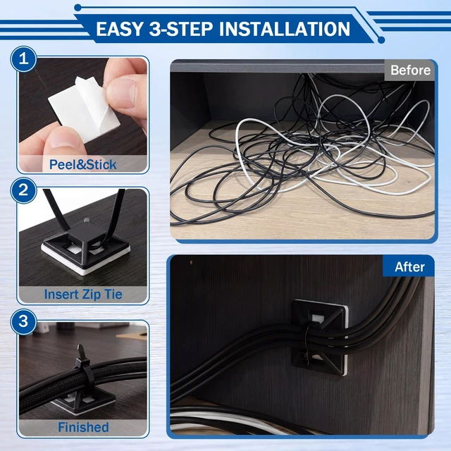 Alt view image 5 of 6 - 300 Pcs 1/2'' Self Adhesive Cable Zip Tie Mounts for Desk, Black Wire Cable Clips Holders, Management Anchors Organizer Squares, Strong Adhesive Fasteners, for Office & Home Cord Organizer