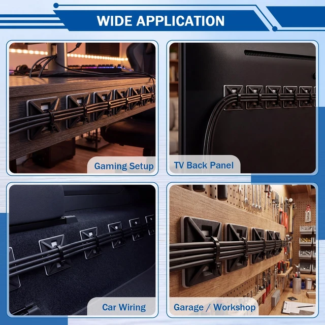 Alt view image 6 of 6 - 300 Pcs 1/2'' Self Adhesive Cable Zip Tie Mounts for Desk, Black Wire Cable Clips Holders, Management Anchors Organizer Squares, Strong Adhesive Fasteners, for Office & Home Cord Organizer