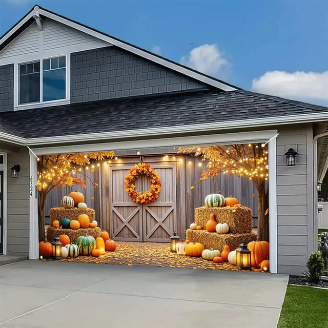 Main image of 13x6ft Thanksgiving Farmhouse Garage Door Banner Fall Decor Polyester fabric, Harvest hay bales and pumpkins artwork, Mural for garden, barn weddings, school festivals