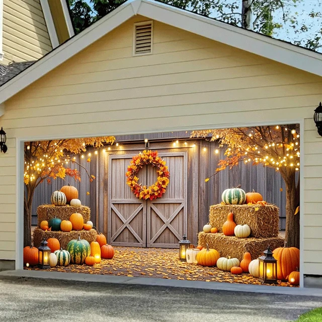 Alt view image 3 of 5 - 13x6ft Thanksgiving Farmhouse Garage Door Banner Fall Decor Polyester fabric, Harvest hay bales and pumpkins artwork, Mural for garden, barn weddings, school festivals