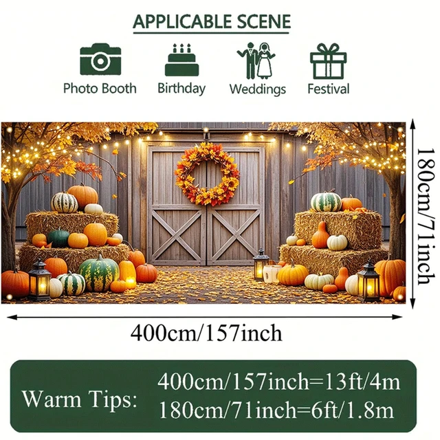 Alt view image 2 of 5 - 13x6ft Thanksgiving Farmhouse Garage Door Banner Fall Decor Polyester fabric, Harvest hay bales and pumpkins artwork, Mural for garden, barn weddings, school festivals