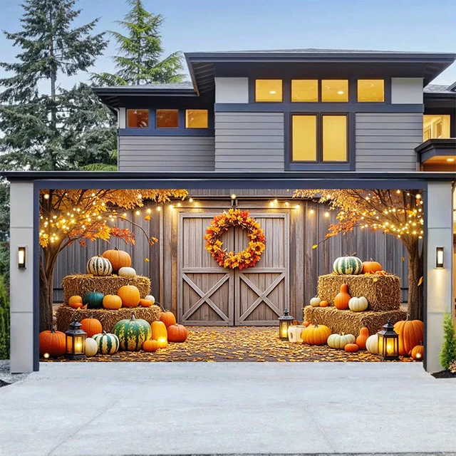 Alt view image 4 of 5 - 13x6ft Thanksgiving Farmhouse Garage Door Banner Fall Decor Polyester fabric, Harvest hay bales and pumpkins artwork, Mural for garden, barn weddings, school festivals