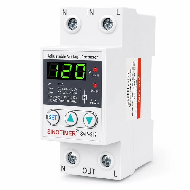 Main image of Adjustable Voltage Surge Protector 110VAC 120VAC, Relay with LED Display, 80-100V Undervoltage, 130-150V Overvoltage, 60Hz 80A with DIN Rail Mount