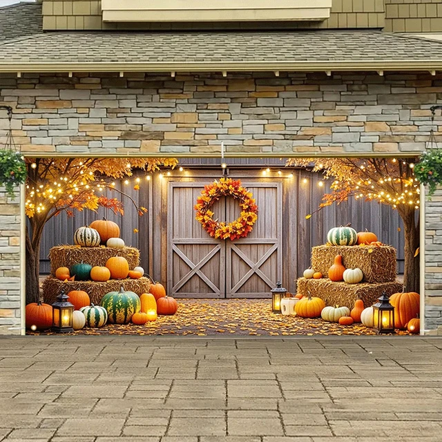 Alt view image 5 of 5 - 13x6ft Thanksgiving Farmhouse Garage Door Banner Fall Decor Polyester fabric, Harvest hay bales and pumpkins artwork, Mural for garden, barn weddings, school festivals